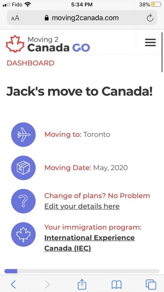 moving2canada dashboard mobile