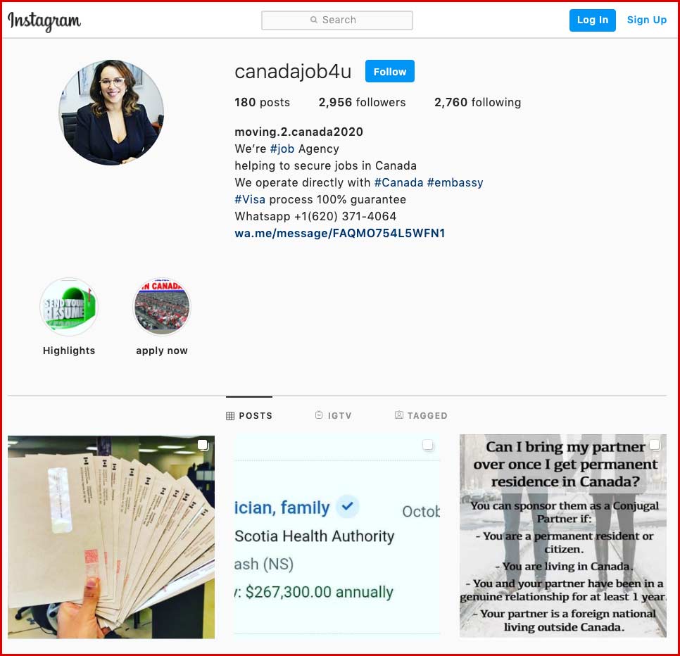 Screenshot of fraudulent Instagram account