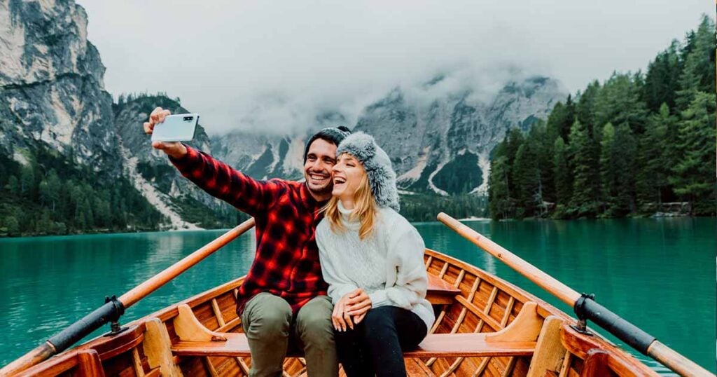 Happy couple in a canoe at Banff