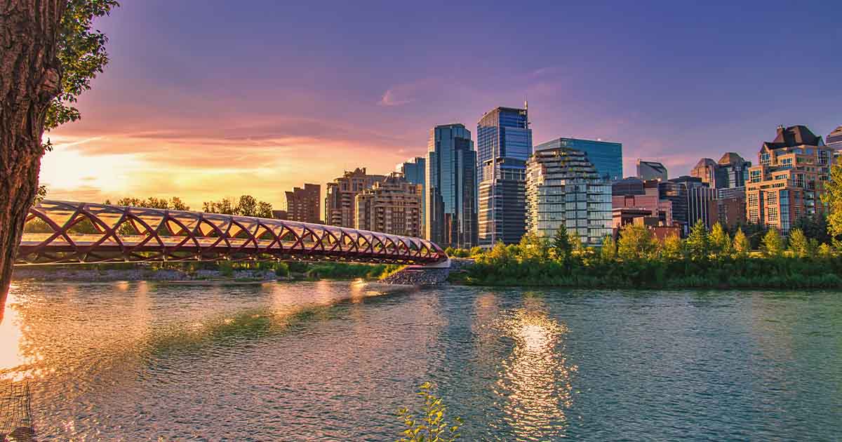 Skyline of the city of Calgary at sunset