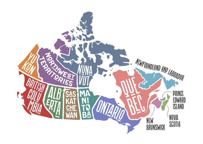 A map of the Canadian provinces of territories to choose where you want to stay as a digital nomad in Canada. 