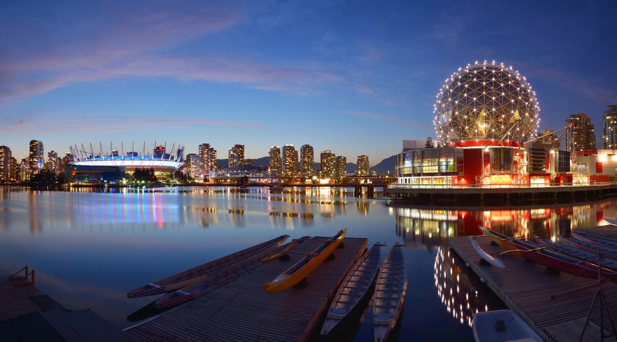 Vancouver Science World and BC Stadium at night