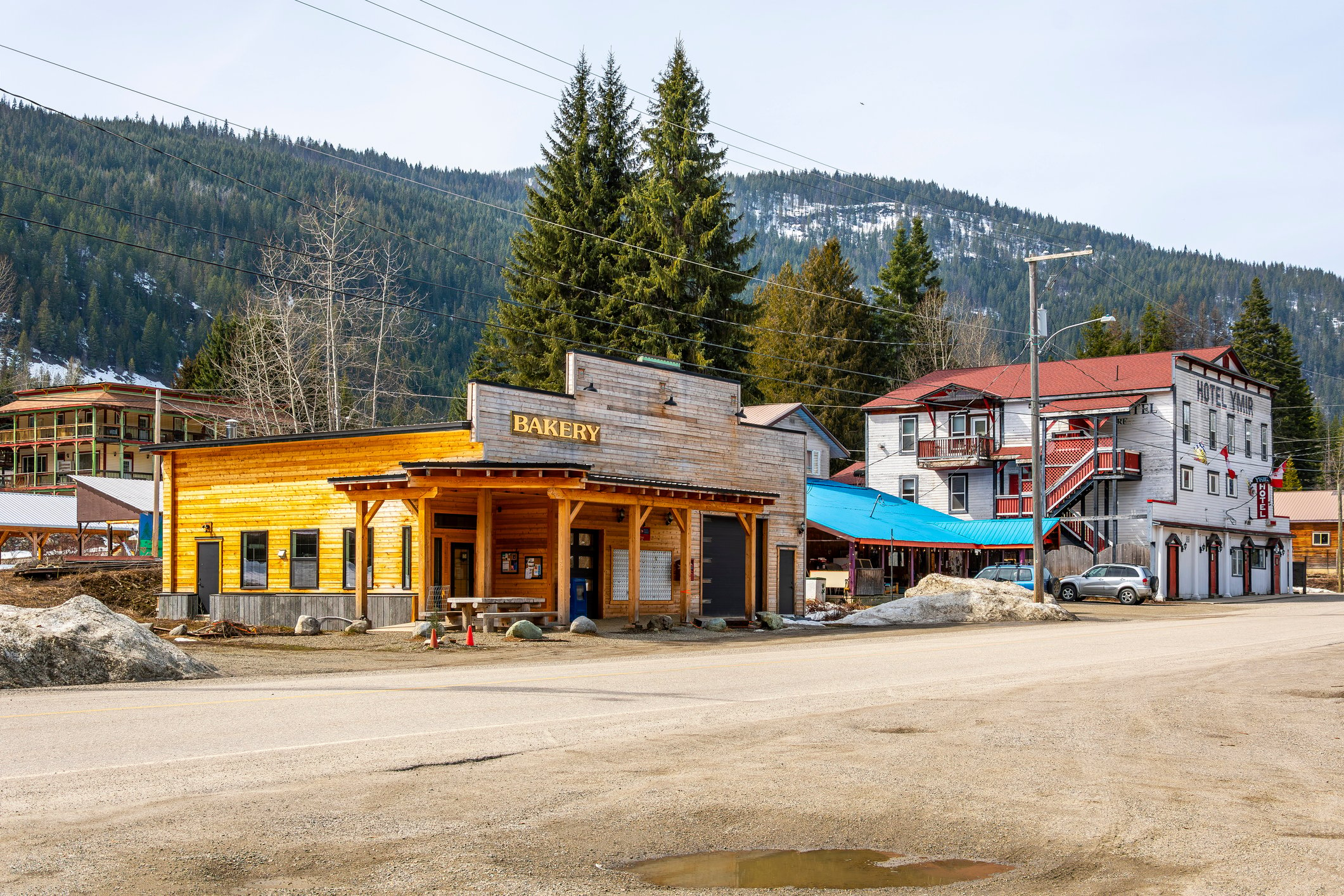 Rustic buildings line the main street through the historic mining village of Ymir, in the Selkirk Mountains of the West Kootenay region of Southeastern BC, Canada.