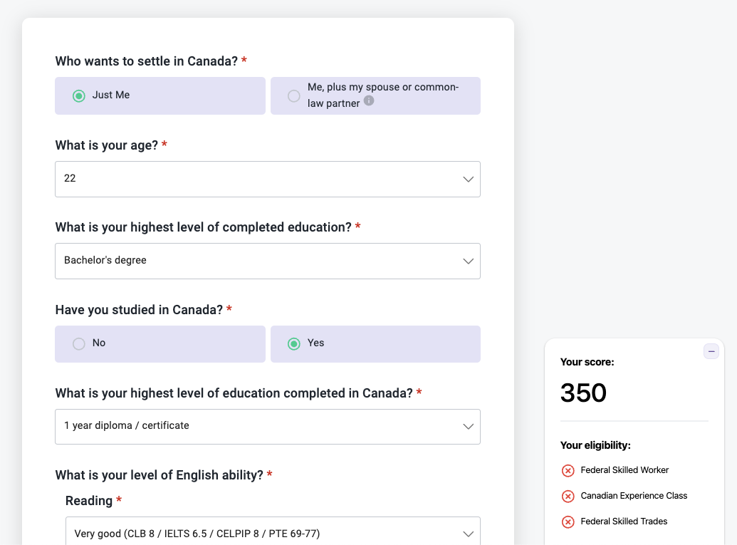 tool designed by Moving2Canada to get your CRS score