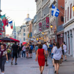 Montreal, Quebec, Canada - August 2 2021 : Bustling Old Montreal Street.