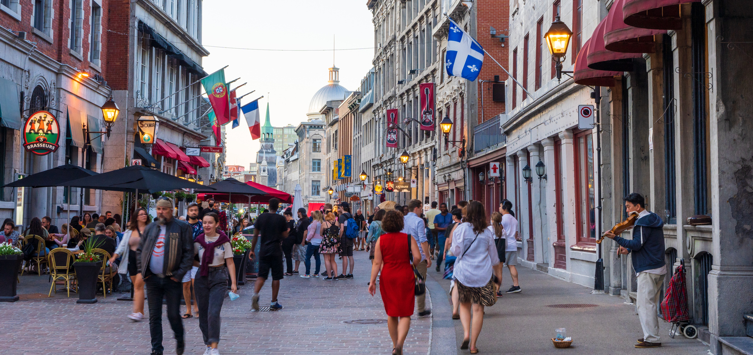 Bustling Old Montreal Street. Montreal, Quebec, Canada