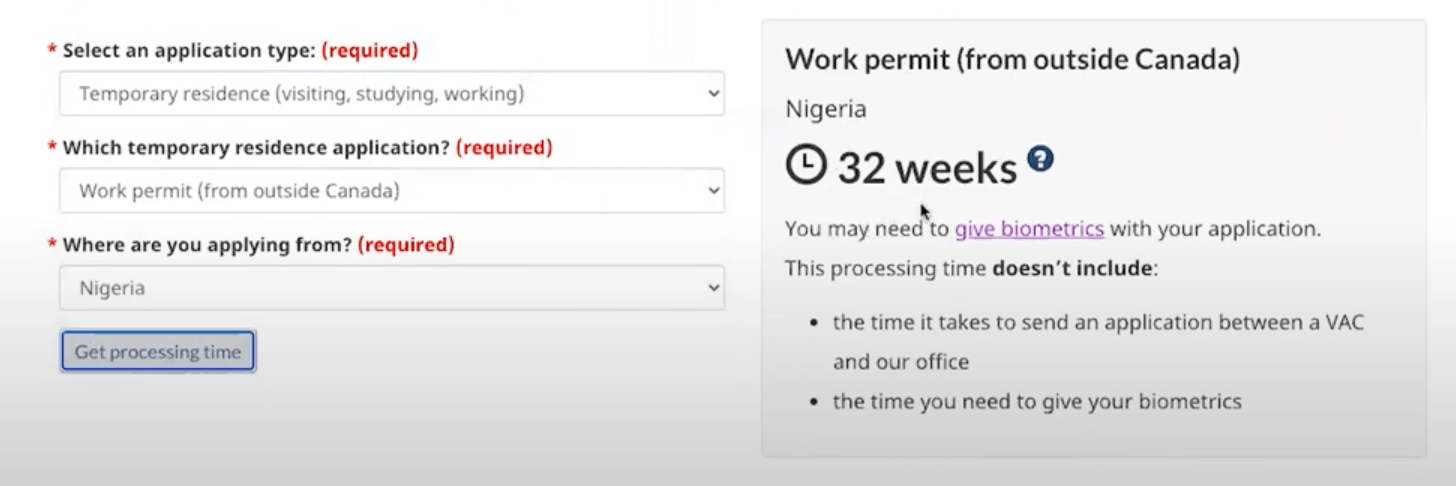 screenshot on the IRCC processing times tool looked back in 2023