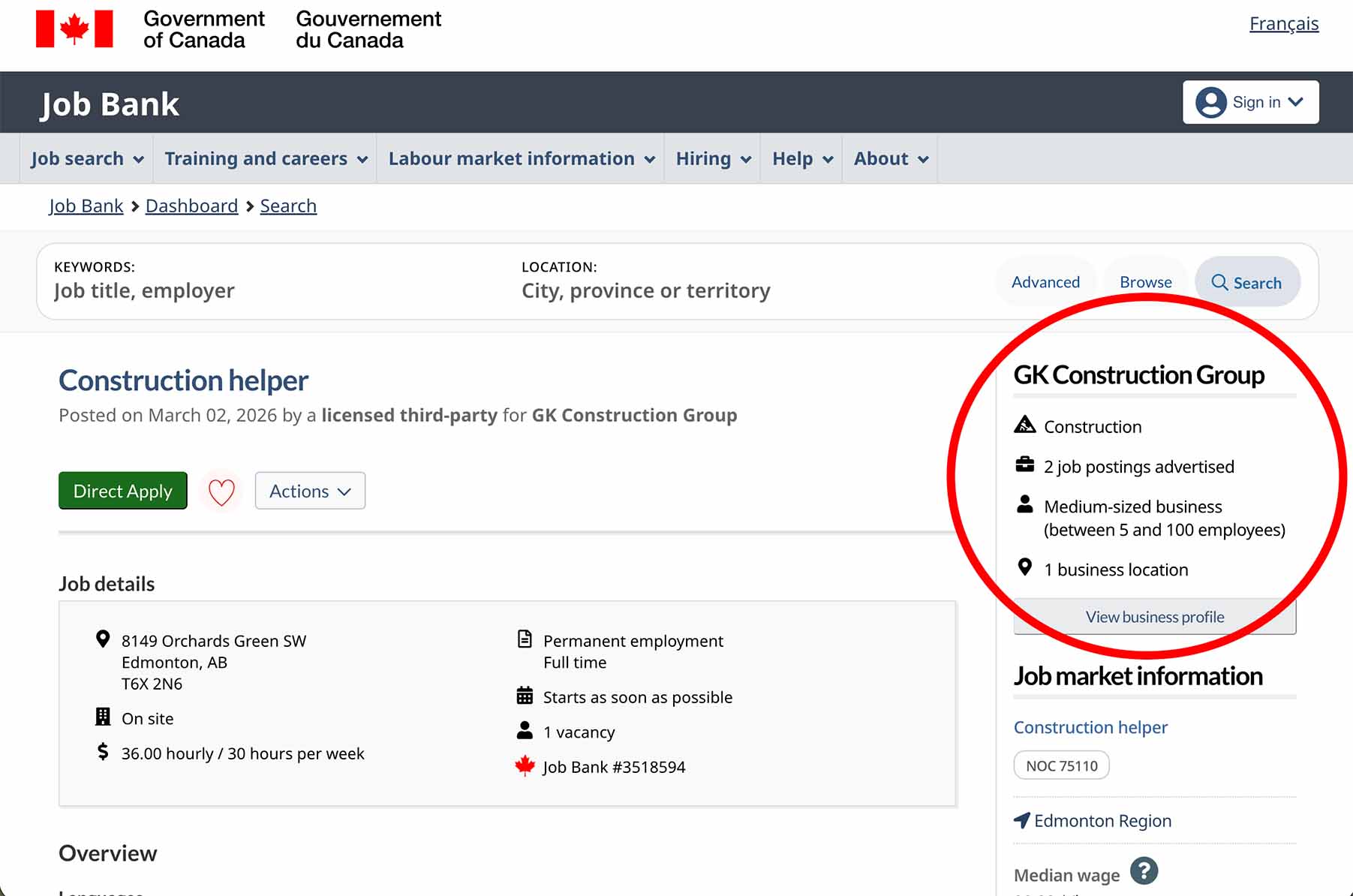 Image of posting on the Canada Job Bank