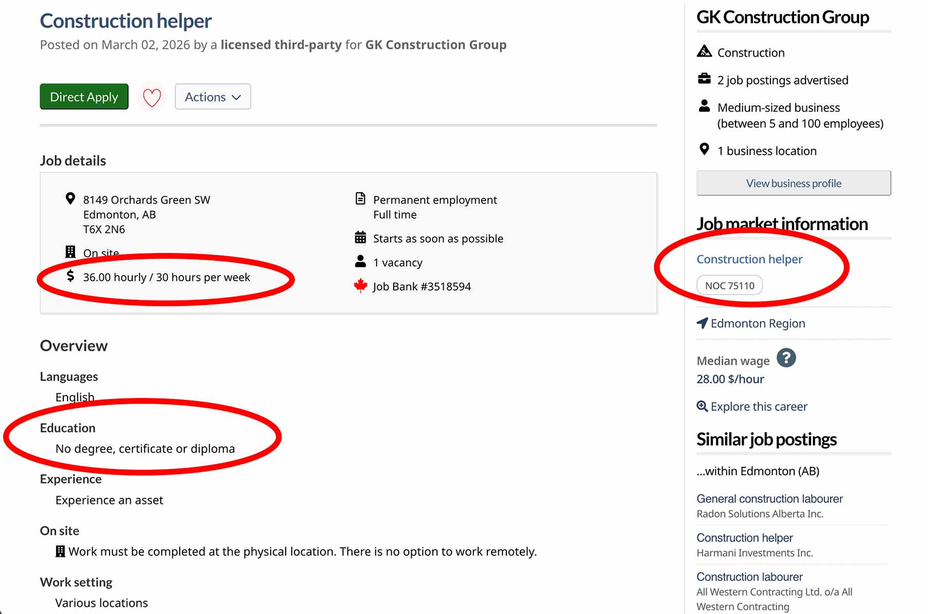 Image of posting on the Canada Job Bank