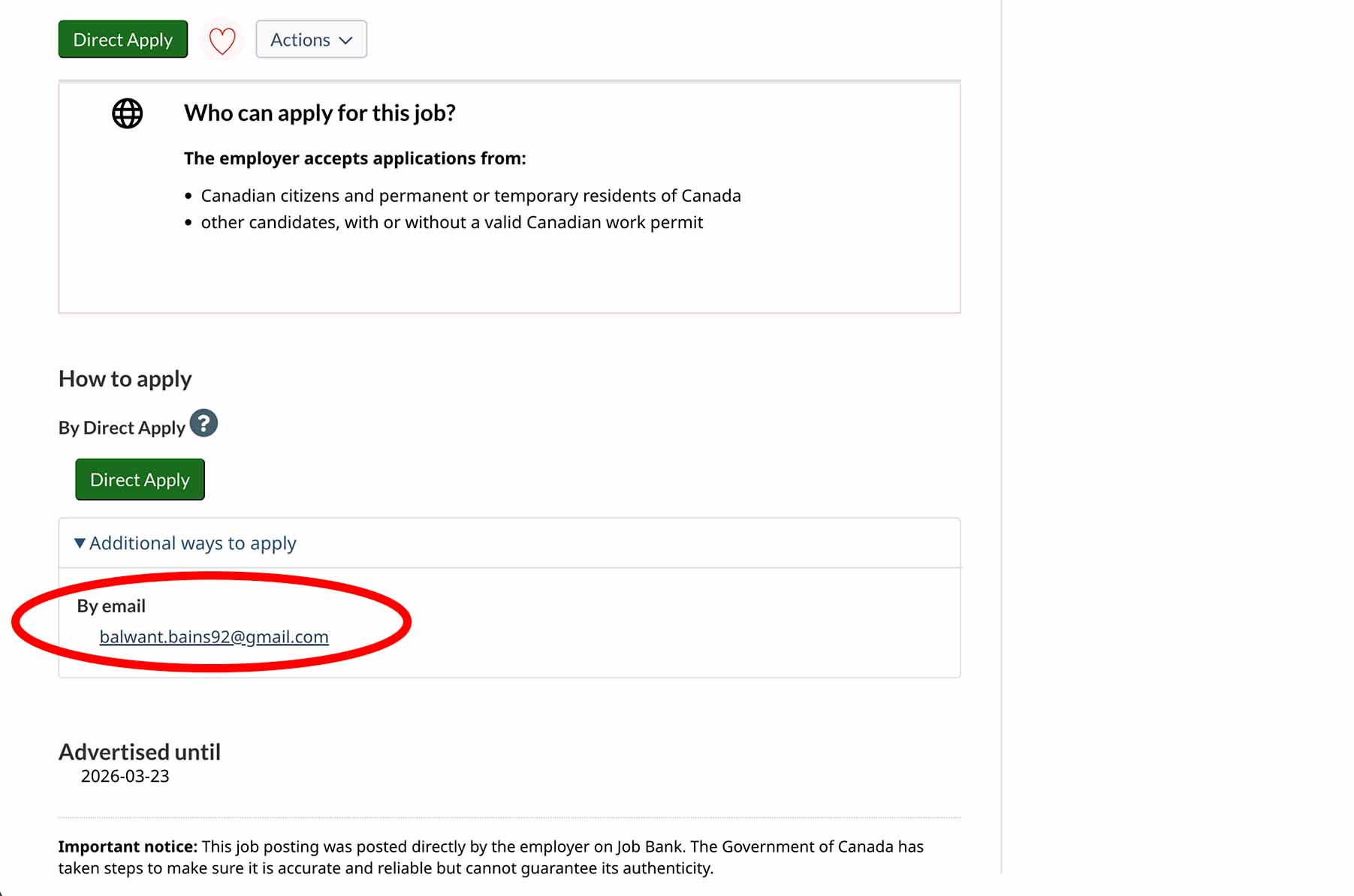 Image of posting on the Canada Job Bank