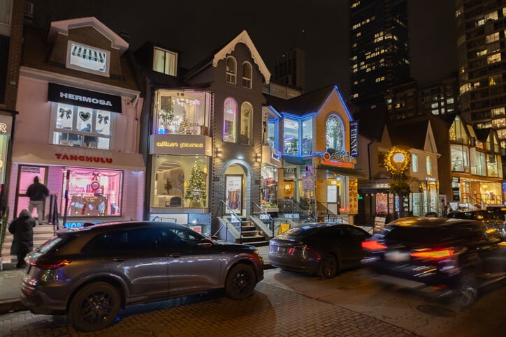 Lights on a street at Toronto Yorkville Village at night
