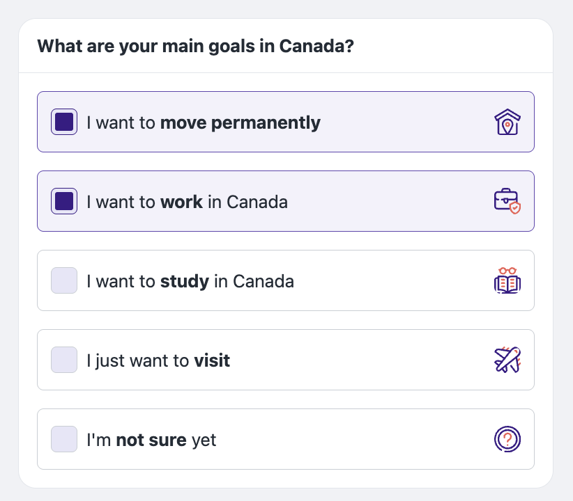 moving2canada immigration quiz screenshot free tool