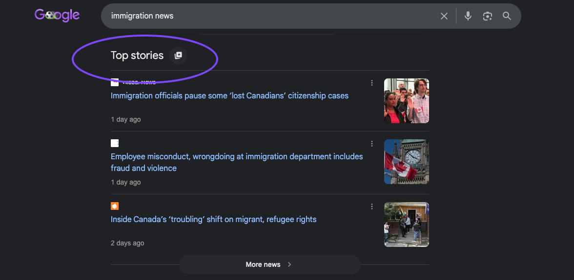top stories section on a Google search